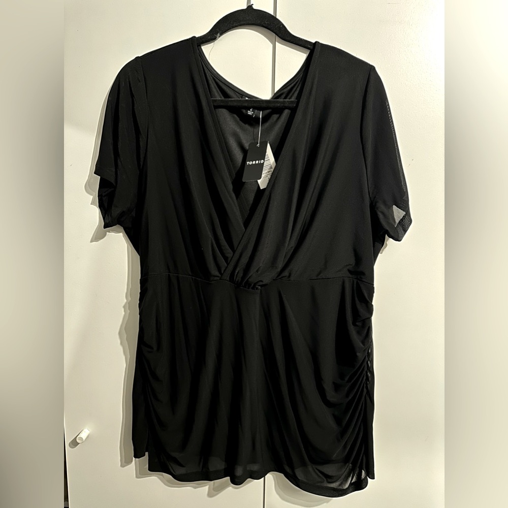 Stretch Mesh Surplice Neckline Shirred Top